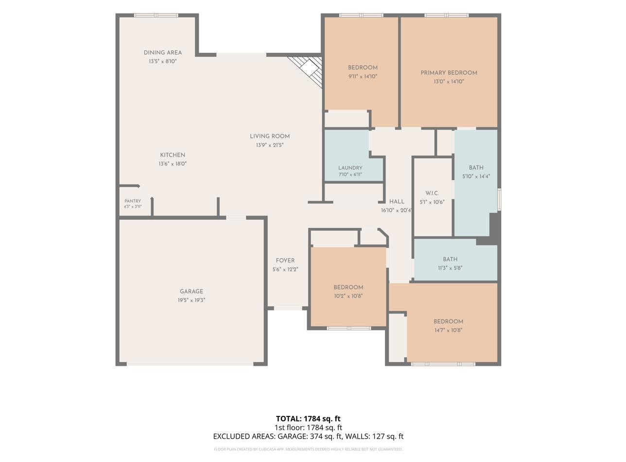 Single-level floor plan of 7510 NE 176th Avenue showing four bedrooms, two baths, open kitchen and great room, and attached garage