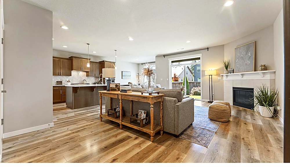 Entry and main living area with laminate flooring